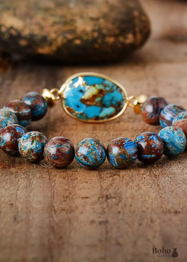 Boho Bracelet, Stretchy Bracelet, Brown Blue 10mm Bronzite Stone Tibetan