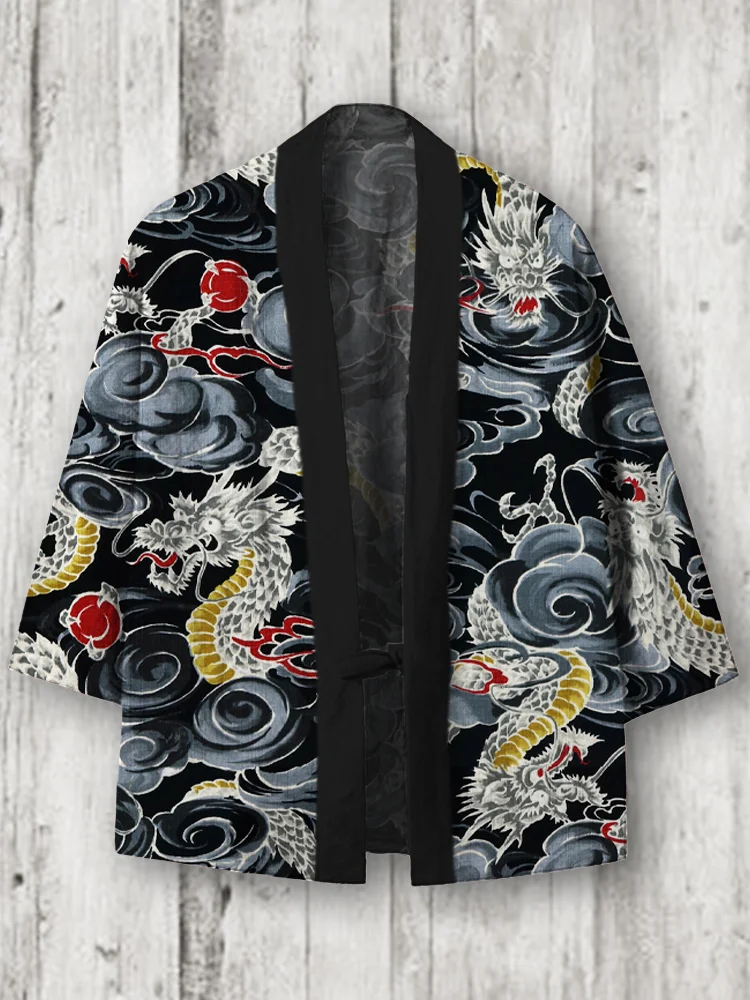 Japanese Dragon Print Linen Blend Kimono Cardigan