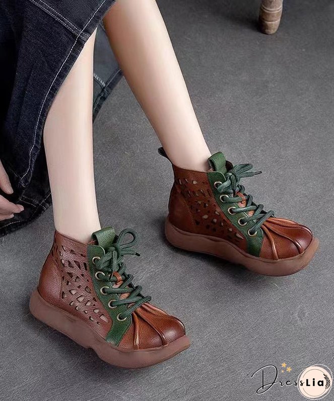 Retro Brown Cowhide Leather Splicing Lace Up Boots