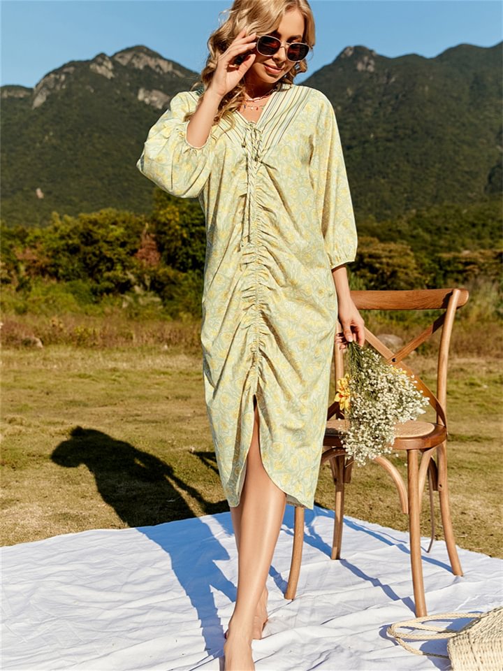 V-neck Pleated Vacation Thin Mid-length Dress Summer Mid-sleeve Print Bohemian Dress -vasmok