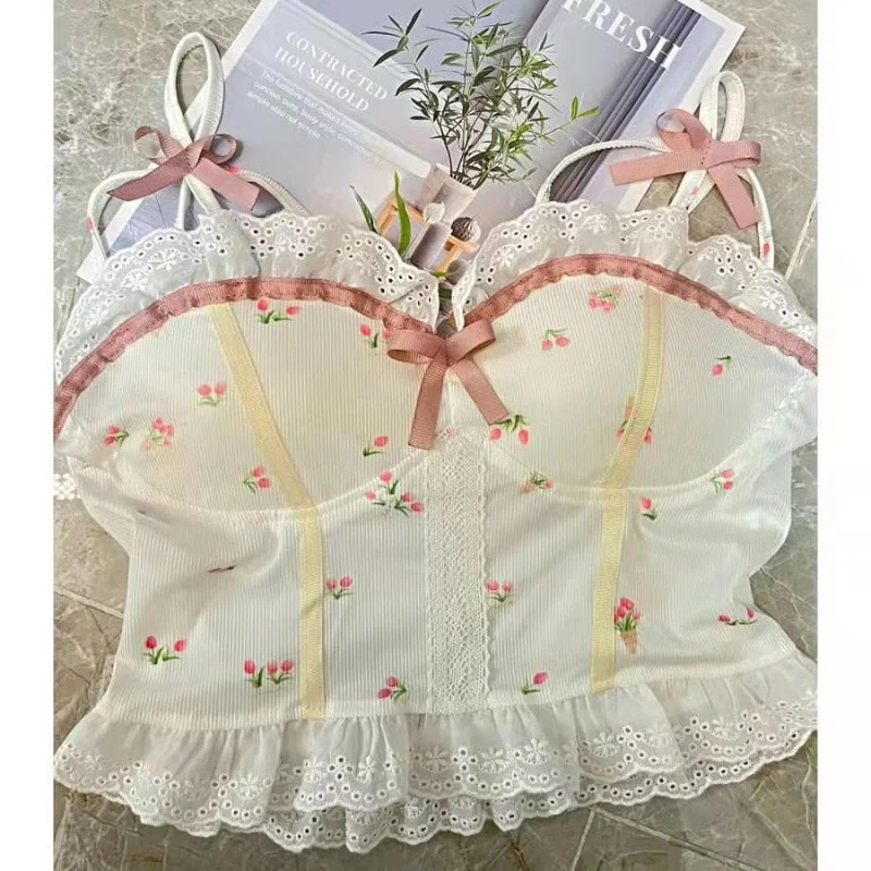 Back to School Y2k Summer New Sling Tops Cute Girl Kawaii Floral Bow Inside A Sling Vest 90S Aesthetics Crop Top For Women