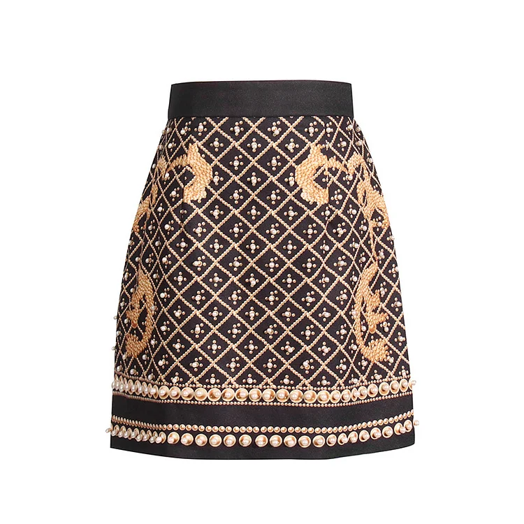 Vintage Beaded Printed High Waisted Short Skirt