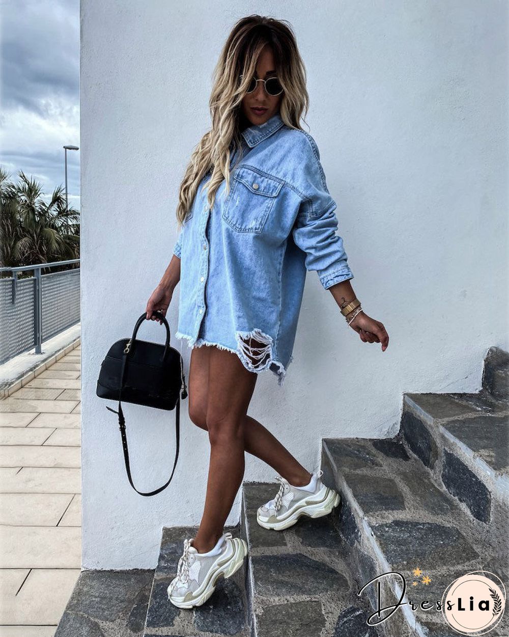 Long Sleeve Denim Jean Dress Button Down Casual Top