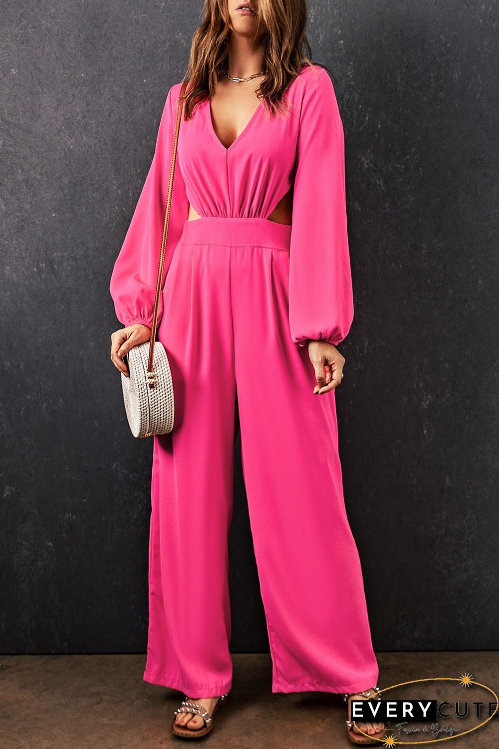 Red V Neck Bubble Sleeve Cut out Waist Wide Leg Jumpsuit