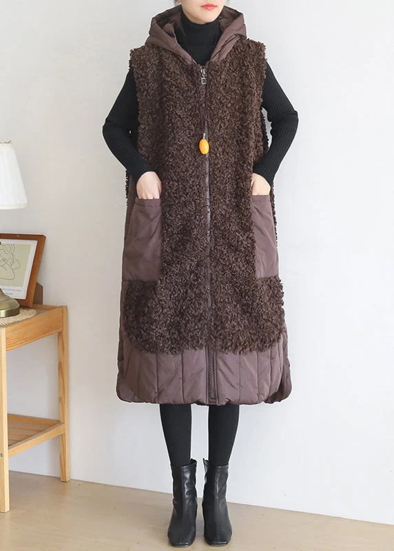 Coffee Colour Thick Woolen Hooded Waistcoat Sleeveless