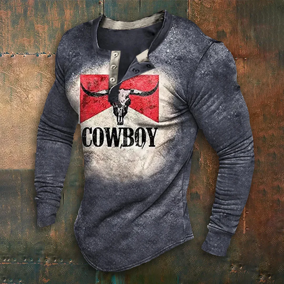 Men'S Open Button Crew Neck Vintage Cowboy Print Long Sleeve T-Shirt