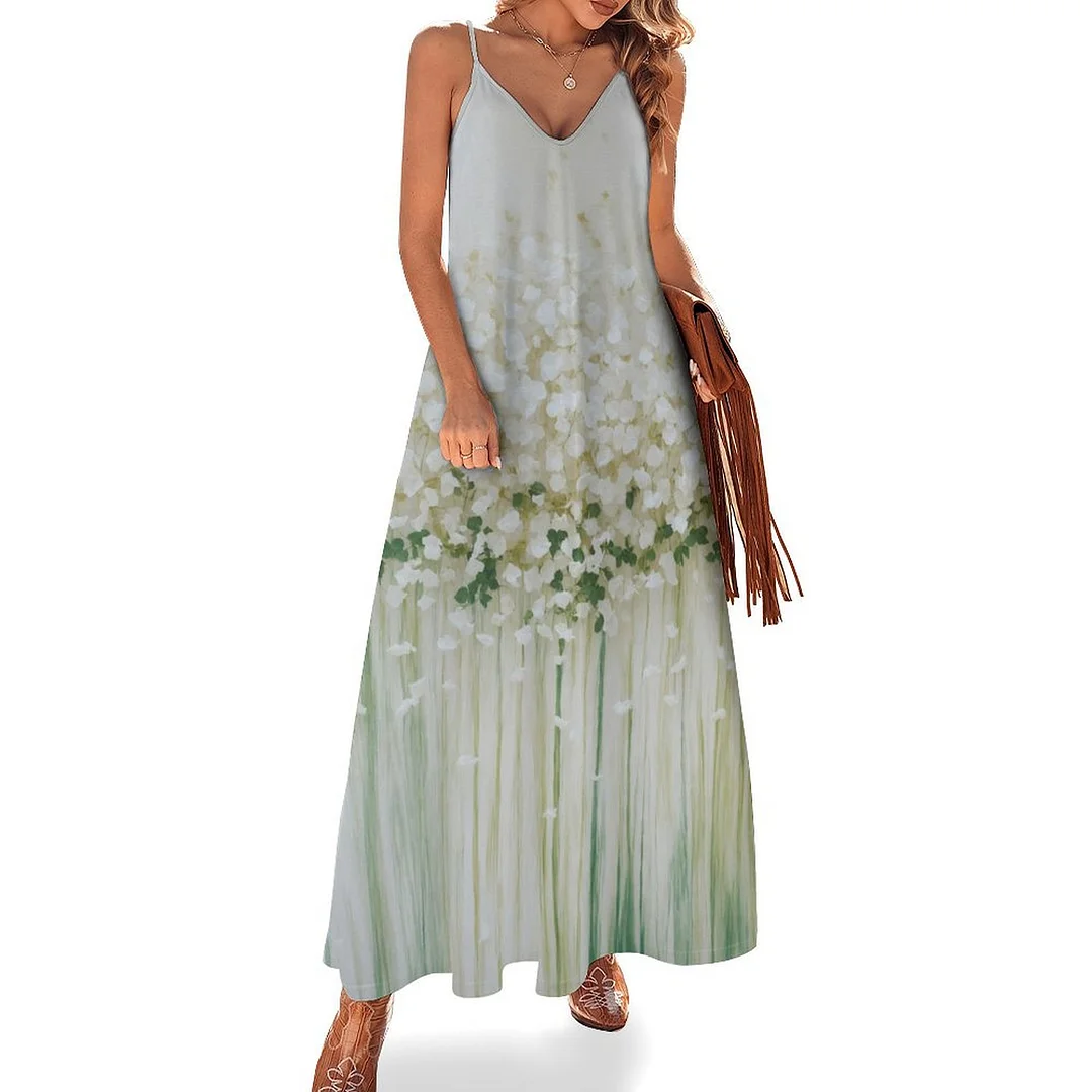 Style & Comfort for Mature Women Plus Size Printed Sling Casual Women Maxi Dress in Pattern Floral, White, Green