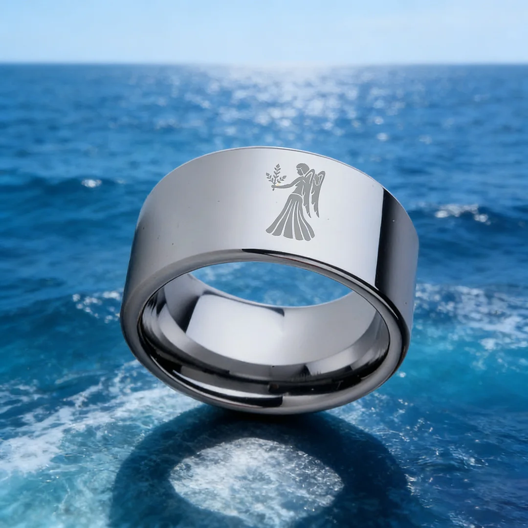 4MM 6MM 8MM 10MM Width Silver Flat Tungsten Wedding Bands Zodiac Virgo Laser Couple Tungsten Carbide Rings