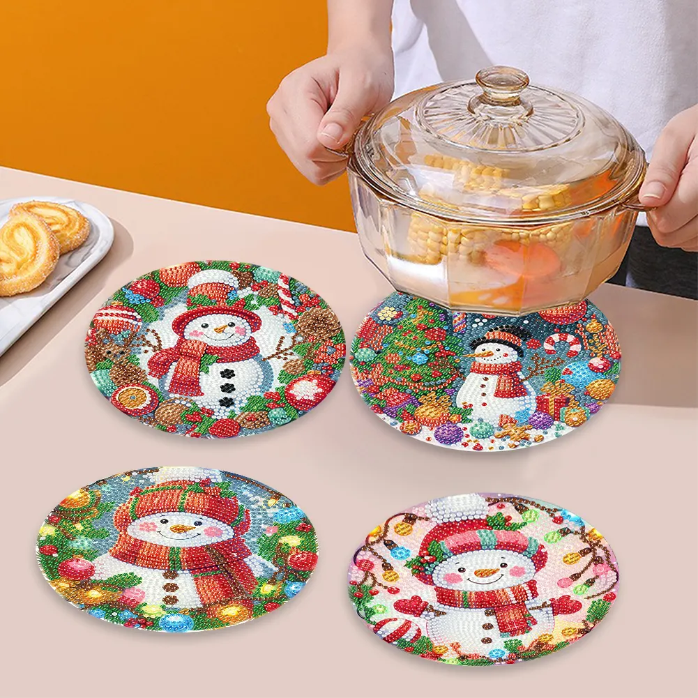 5D DIY 4pcs Christmas Acrylic Diamond Painting Placemats DIY Diamond Dot Kits for Tabletop
