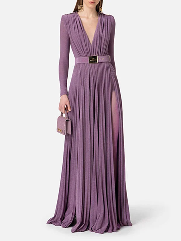 Long Sleeves Wrap Belted Pleated Pure Color Split-Side V-Neck Maxi Dresses