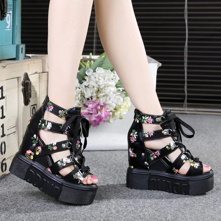 Wongn Wongn Mouth Sandal Female Hollow Out Inside Increased Breathable Mesh Shoes Platform Platform Platform Heel High Heel 11Cm Roman Student Sandals
