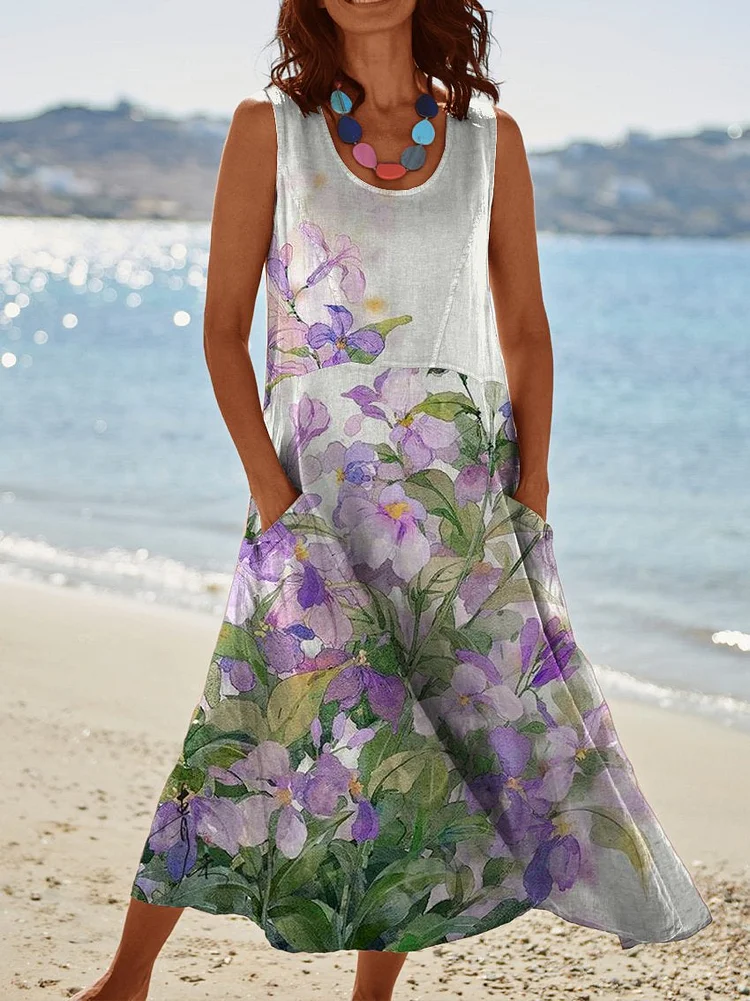 Women's Spring Flowers Pocket Pinafore Linen Dress