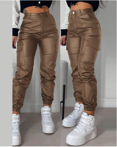 Wongn Wongn Summer 2023 Women's Wear Locomotive Zip Pleated Pocket Fashion PU Casual Sticker Bag Tight Foot Trousers
