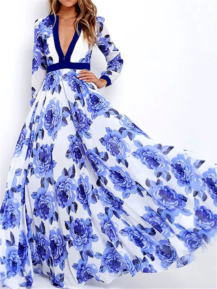 Blue and White Porcelain V-neck Print Big Swing Dress Long Skirt
