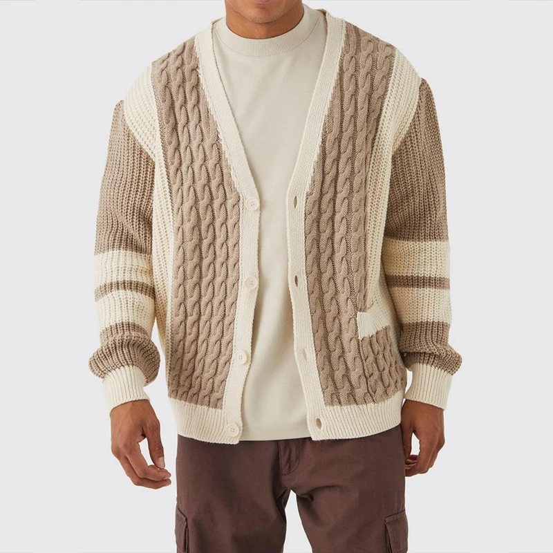 Quantumsparkhub mens winter vest Fashion Striped Jacquard Patchwork Sweatercoats Men Spring Vintage V Neck Buttoned Sweater Mens Cardigan Jacket Knit Men's Coat