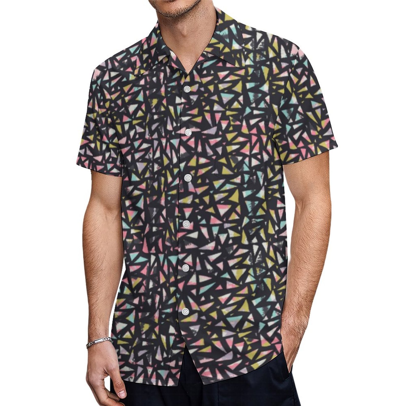 Black With Triangle Pattern Hawaiian Shirt Mens Button Down Plus Size Tropical Hawaii Beach Shirts