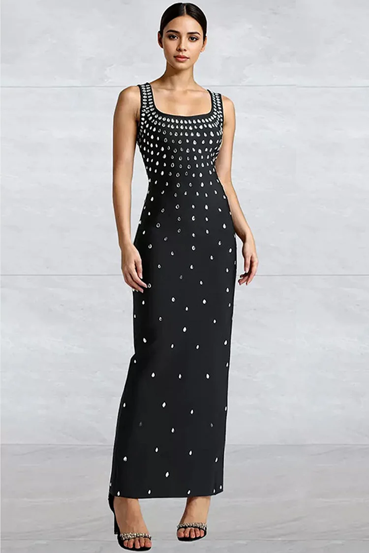 Rhinestone Square Neck Sleeveless Bodycon Maxi Dress-Black