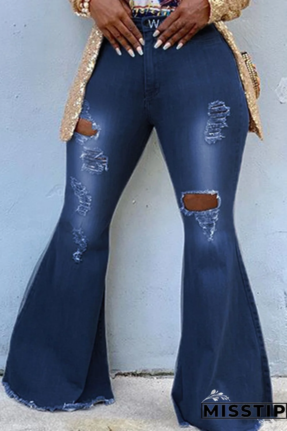 Dark Blue Denim Button Fly Sleeveless High Hole Solid washing Patchwork Boot Cut Pants