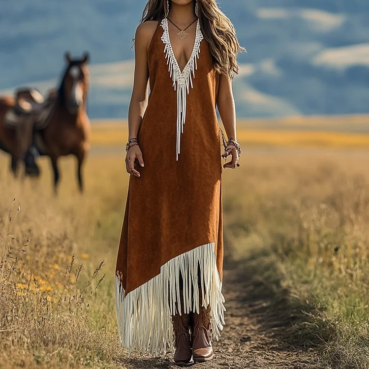 Ursime Suede V Neck Sleeveless Fringe Asymmetrical Hem Maxi Dress