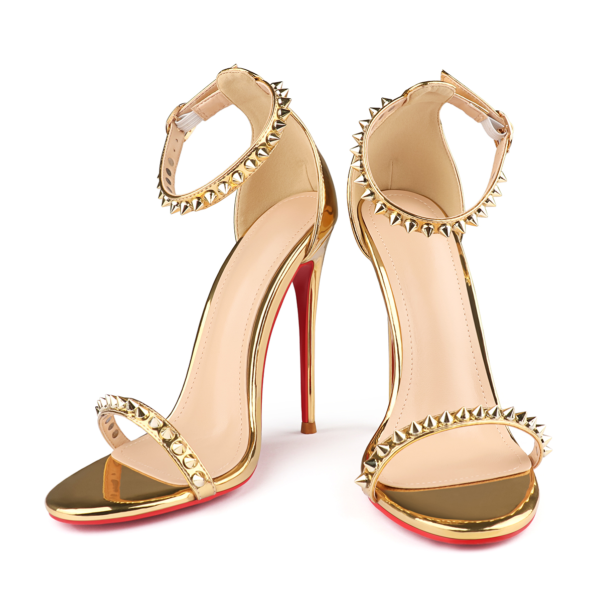 120mm Women's Pointed Toe Open Toe Rivet Ankle Strap Red Bottom Sandals Pumps Shoes-MERUMOTE