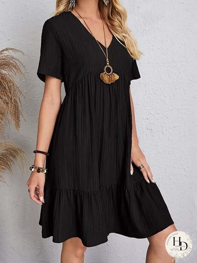 Casual Dress Shift Dress Plain Dress Plain Ruffle V Neck Midi Dress Basic Classic Outdoor Daily Short Sleeve Loose Fit Black Pink Red Spring Summer S M L XL XXL for Women