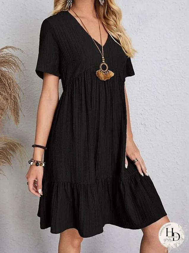 Casual Dress Shift Dress Plain Dress Plain Ruffle V Neck Midi Dress Basic Classic Outdoor Daily Short Sleeve Loose Fit Black Pink Red Spring Summer S M L XL XXL for Women
