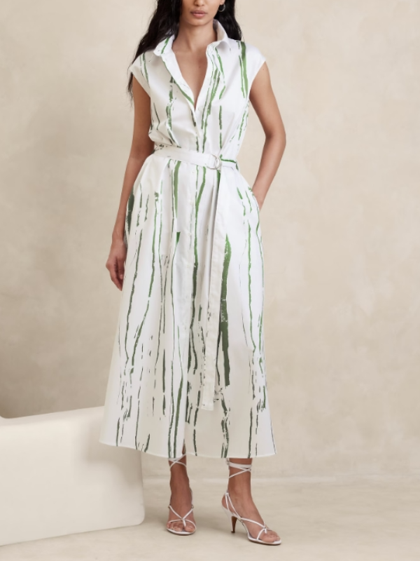 Green Abstract Striped Poplin Shirt Maxi Dress