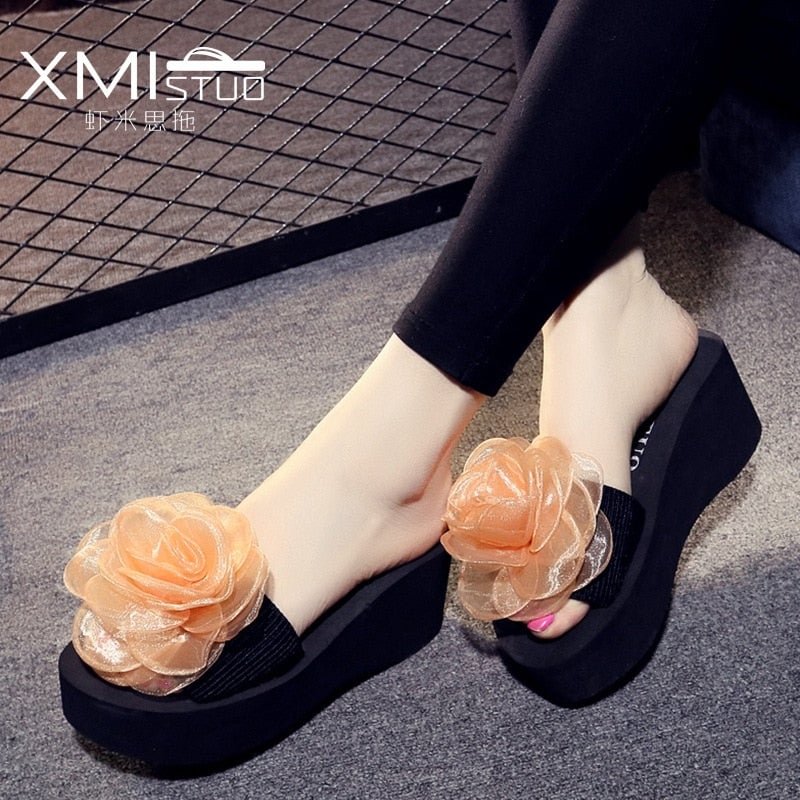 5cm High Heel Women's Summer Flip-flops Female Flowers Fashion Sandals and Slippers Thick Bottom Non-slip Beach Shoes Slippers