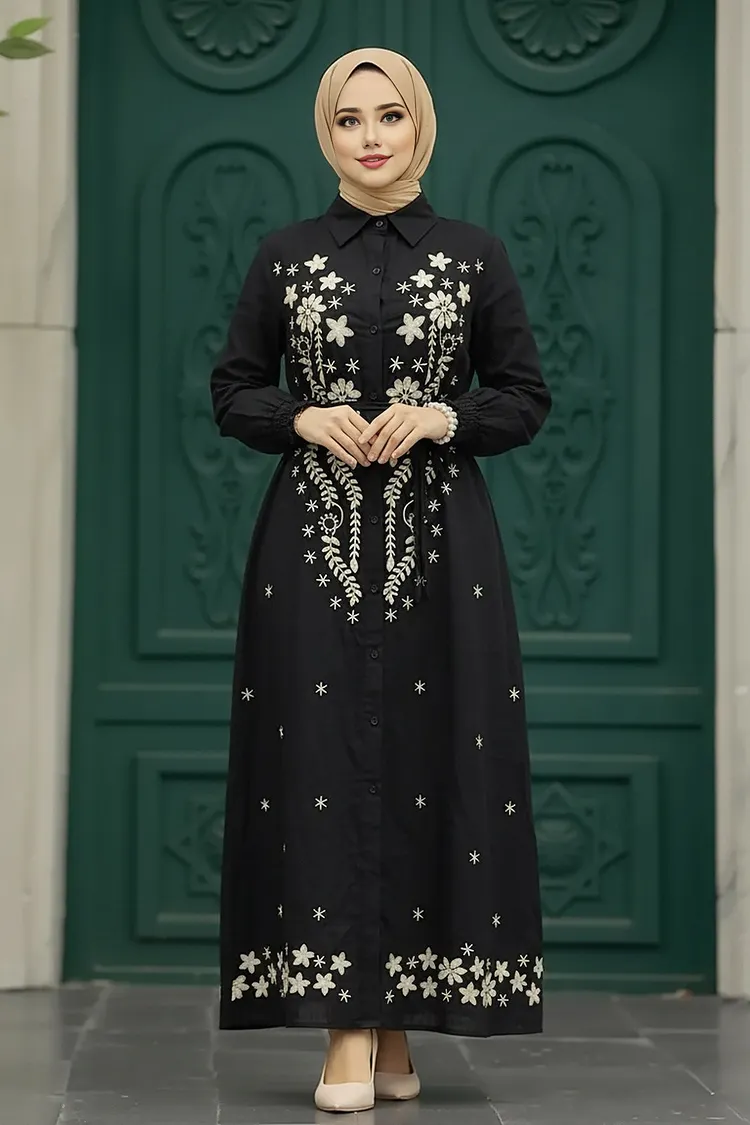 Stylish Loose Cotton Linen Maxi Dress | Heavy Embroidery | Turn-Down Collar  & Drop Shoulder