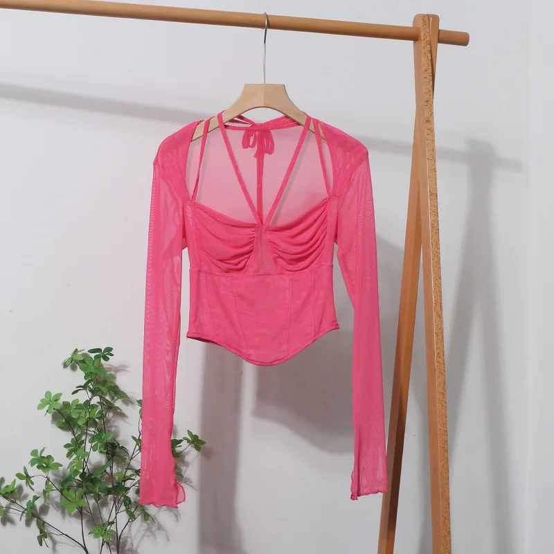 Churchf Sexy Hot Tie Tie With Hanging Neck Long-Sleeved Mesh T-Shirt Repair Short Open Fork Cuff Top 8932