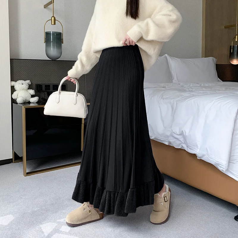 Ueong Patting Mink Hair Half Skirt Female Autumn Winter Korean High Waist Hips Cover Knitted Skirt Wooden Ear Pleated A Skirt