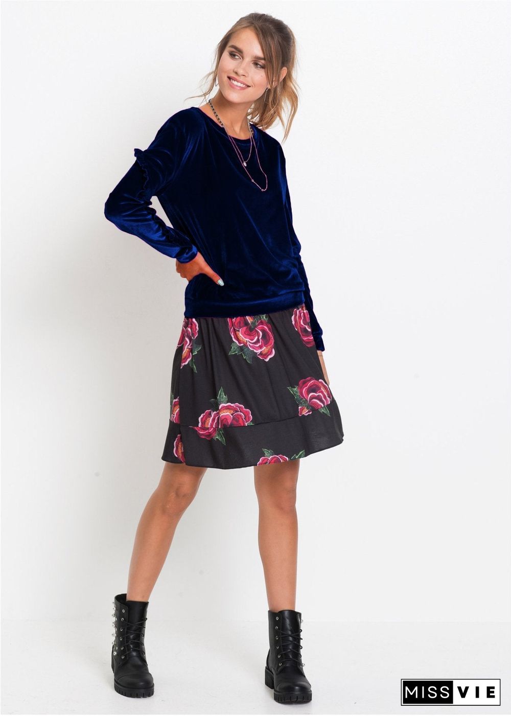 Round Neck Velvet Ruffled Velvet Shirt