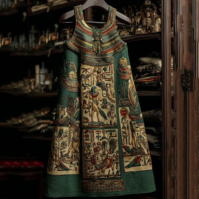 Ancient Egyptian Art Pattern Linen Midi Dress