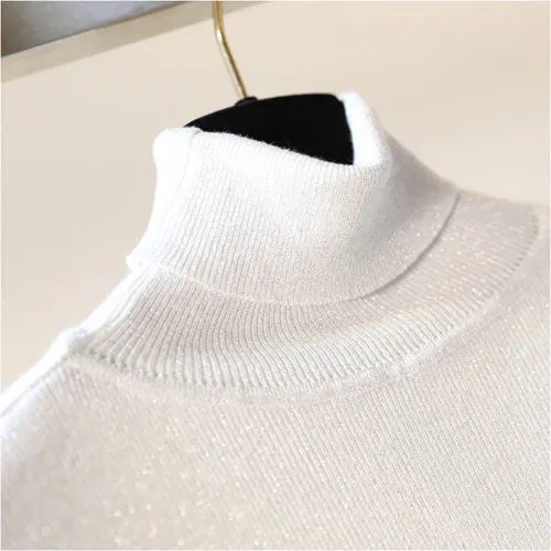 Glitter Turtleneck knit sweater Shinny Chic Women Sweaters And Pullovers spring Autumn thin bling Lurex slim baisc sweater