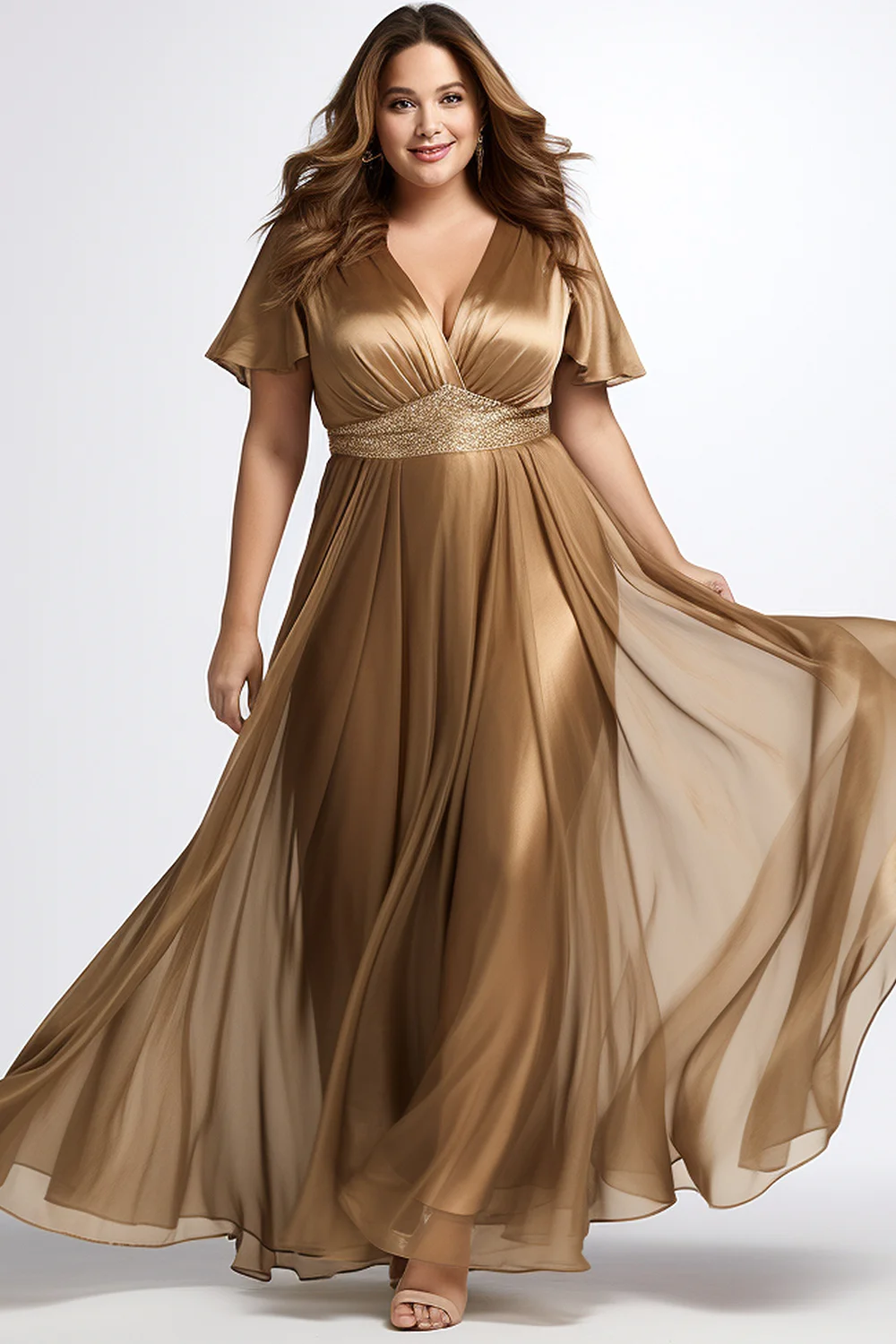 Flycurvy Plus Size Bridesmaid Gold Flutter Sleeve Empire Waist Chiffon Maxi Dress