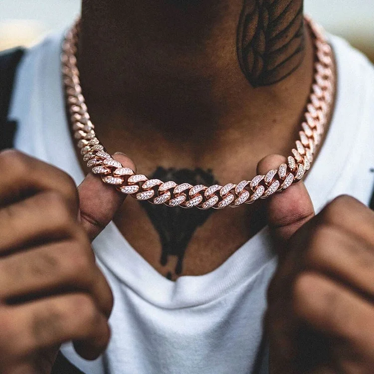 13MM Rose Gold Iced Out Miami Cuban Men Chain Hip Hop Necklace