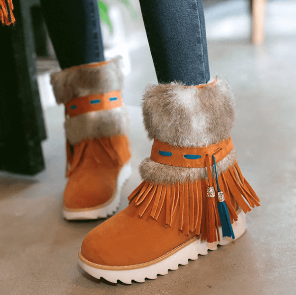 VCSHOES Flat Fringe Suede Round Toe Ankle Boots