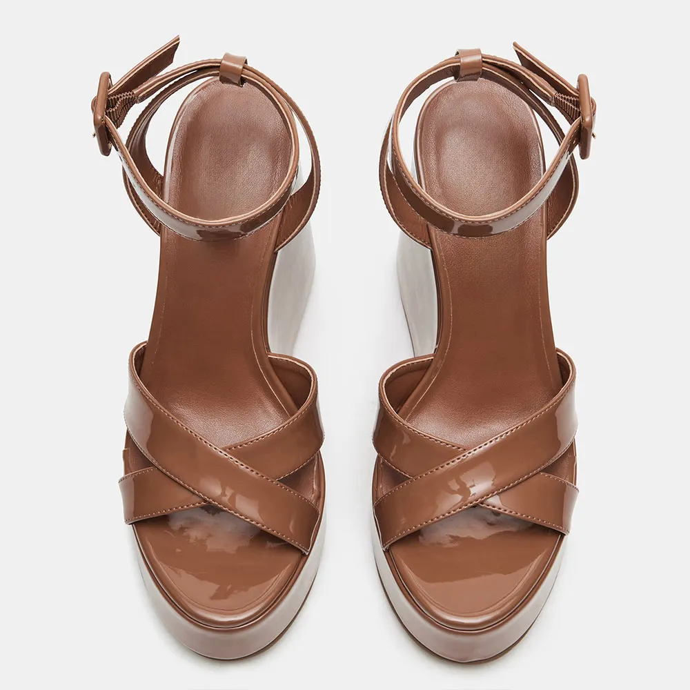 Brown Open Round Toe Wedge Heel Platform Sandals with Ankle Strap