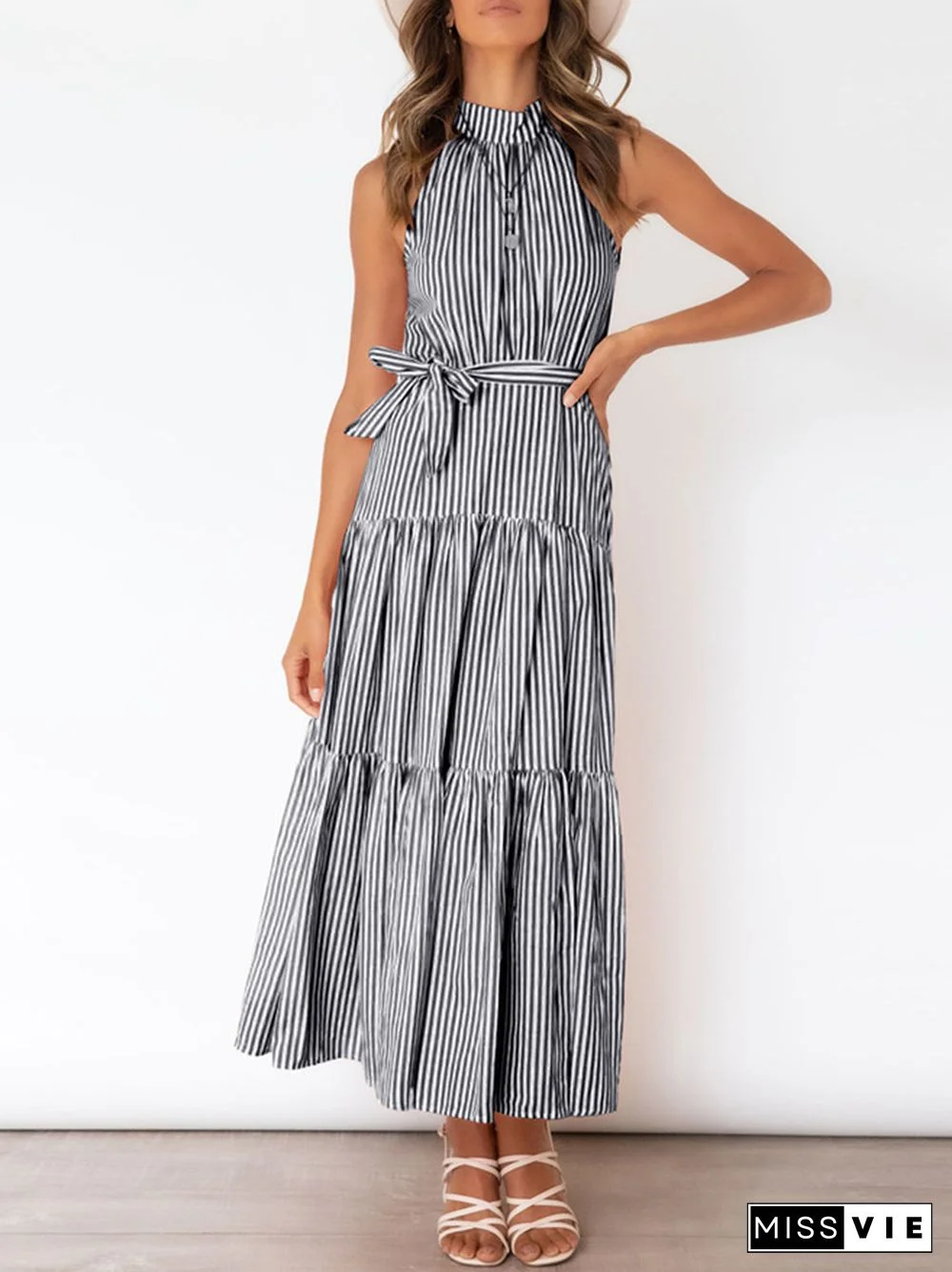 Halter Striped Loosen Short sleeve Woven Dress