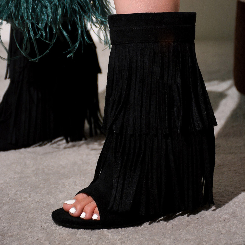 Black Vegan Suede Tassel Open Toe Mid-Calf Boots For Women Nicepairs