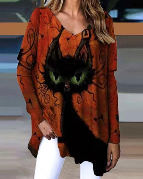 🔥kukelife🔥Cobweb And Cat Printed Oversize Women's T-shirt