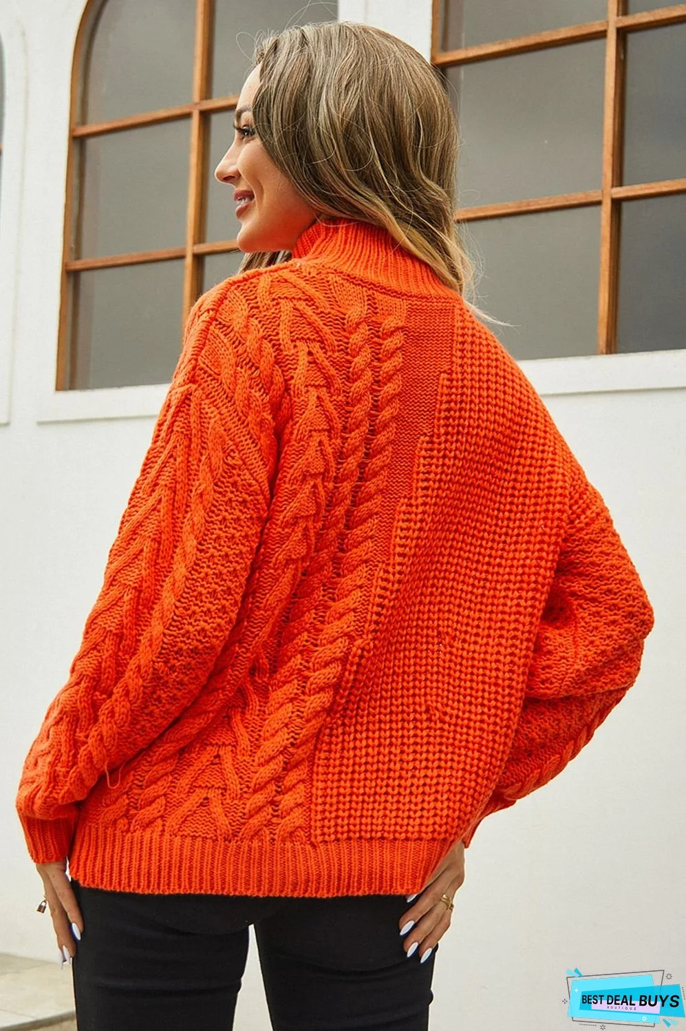 Cable-Knit Turtle Neck Long Sleeve Sweater