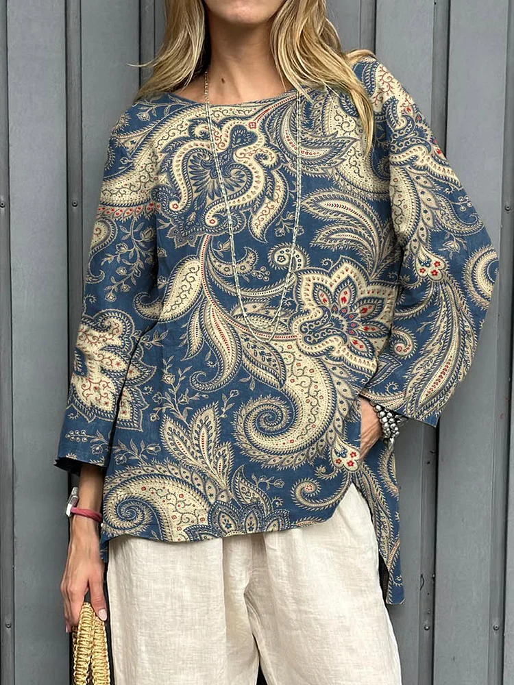 Women's Vintage Floral Art Print Casual Cotton And Linen Shirt