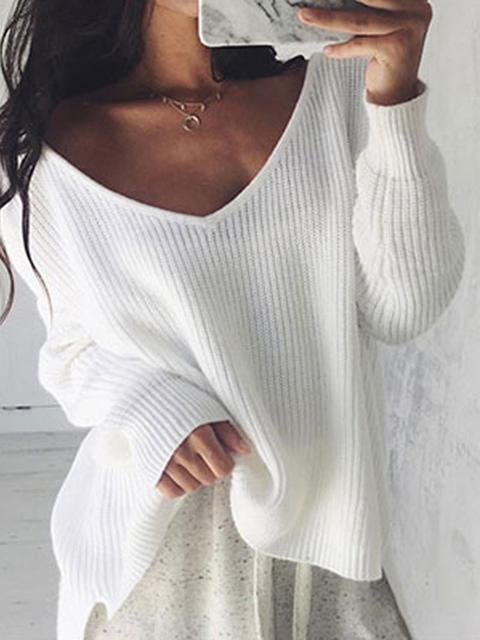 Loose V-neck Solid Color Knitted Sweater - Shop Trendy Women's Clothing | LoverChic