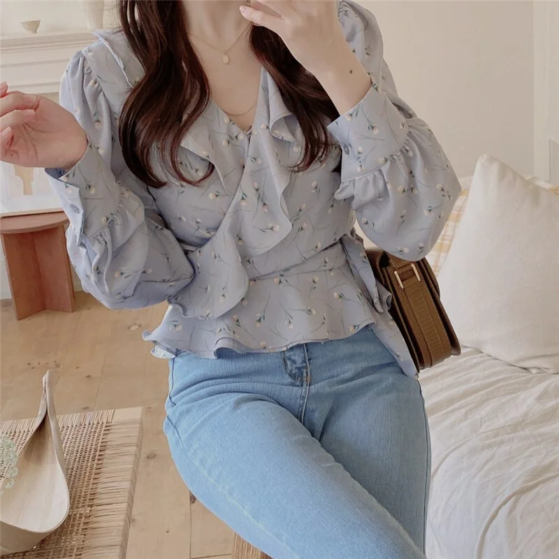 Jangj Autumn Clothes Elegant Fashion Woman Blouses 2021 Floral Print V-neck Chic Bandage Chiffon Blouse Sweet Shirt Ladies Tops