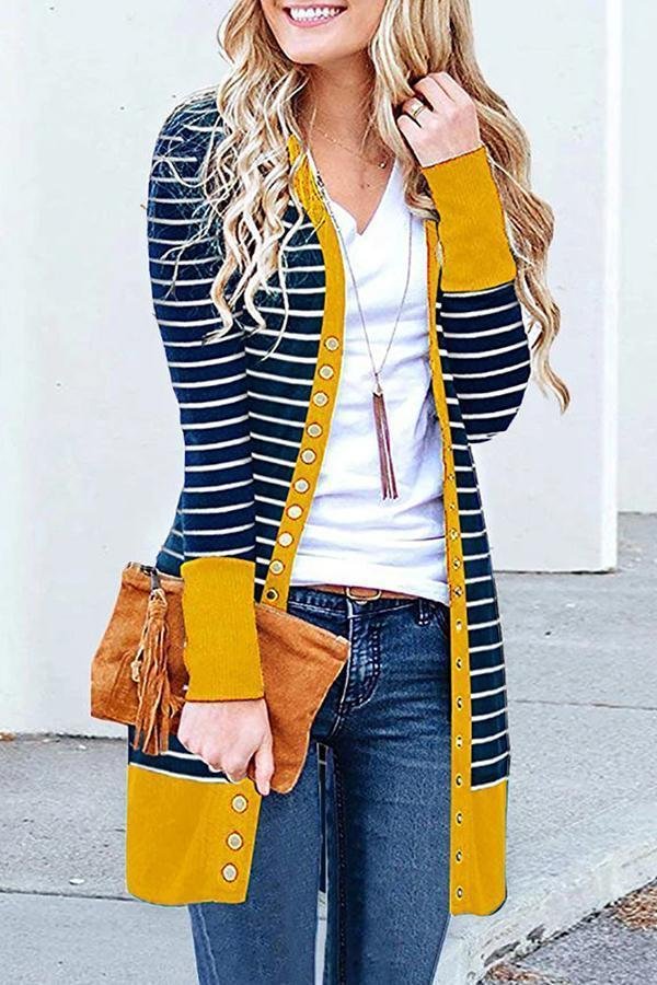 Womens Striped Buttoned Mid-length Cardigan-Allyzone-Allyzone