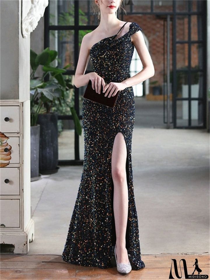 MidiSono - New Elegant Style Sexy One Shoulder High Slit Sequin Maxi Evening Dresses