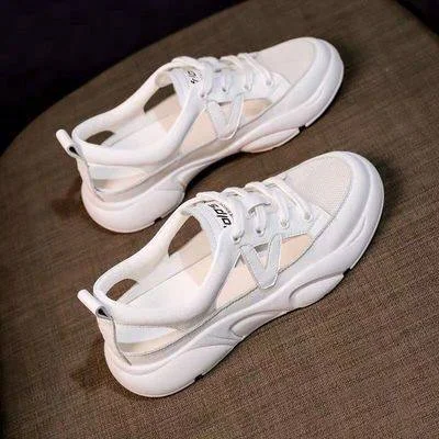 Qjong Summer Sandals Women Mesh Casual Platform Trainers Sneakers Shoes Flat Round Head Korean Female Hollow Out Footwear