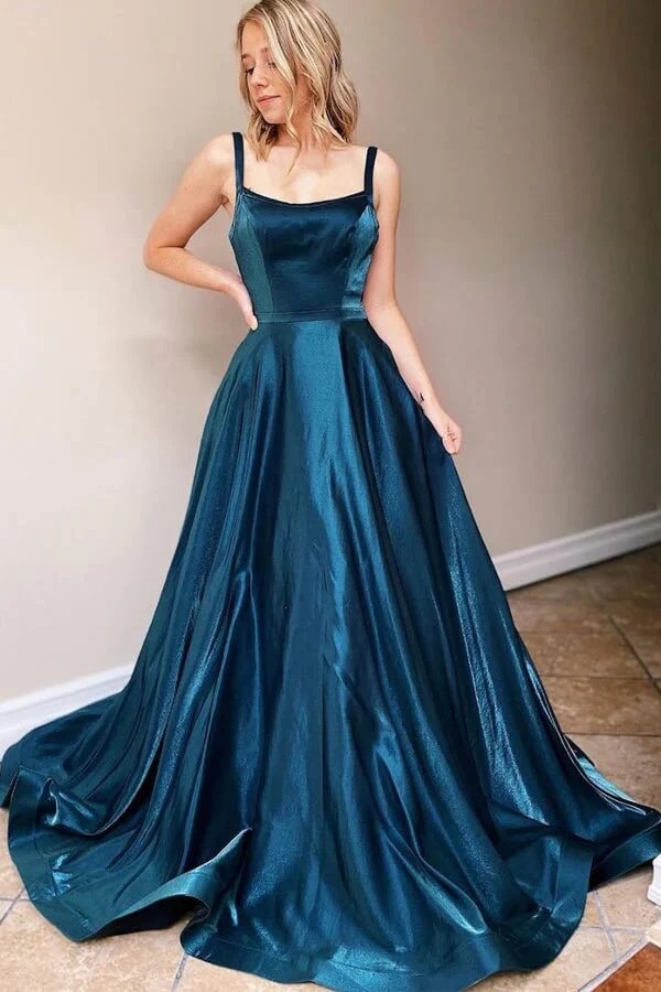 Ovlias Stunning Blue Spaghetti Strap Backless Maxi Draped Evening Dress LY0574
