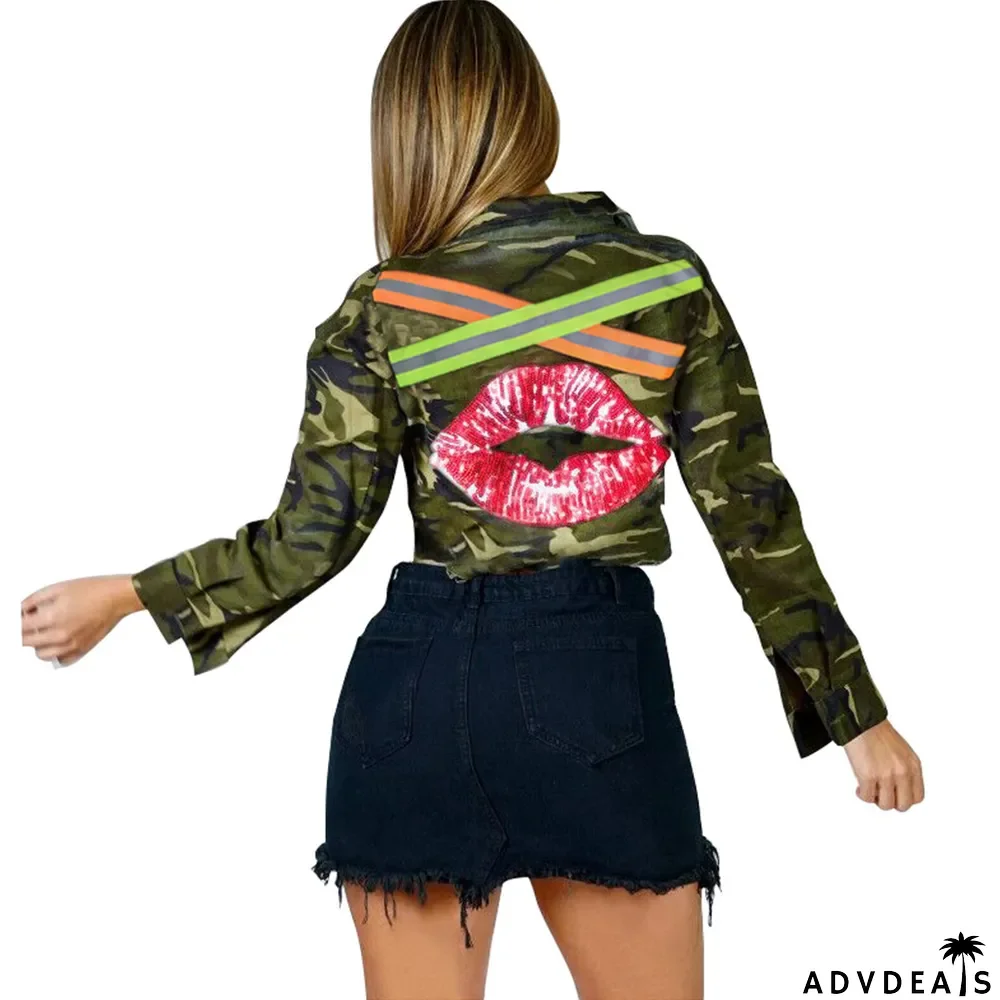 Camo Reflective Strip Sequined Short Coat